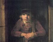 塞缪尔 凡 霍赫斯特拉滕 : A Young Man Wearing a Hat decorated with a Gold Medallion in a Half-Door